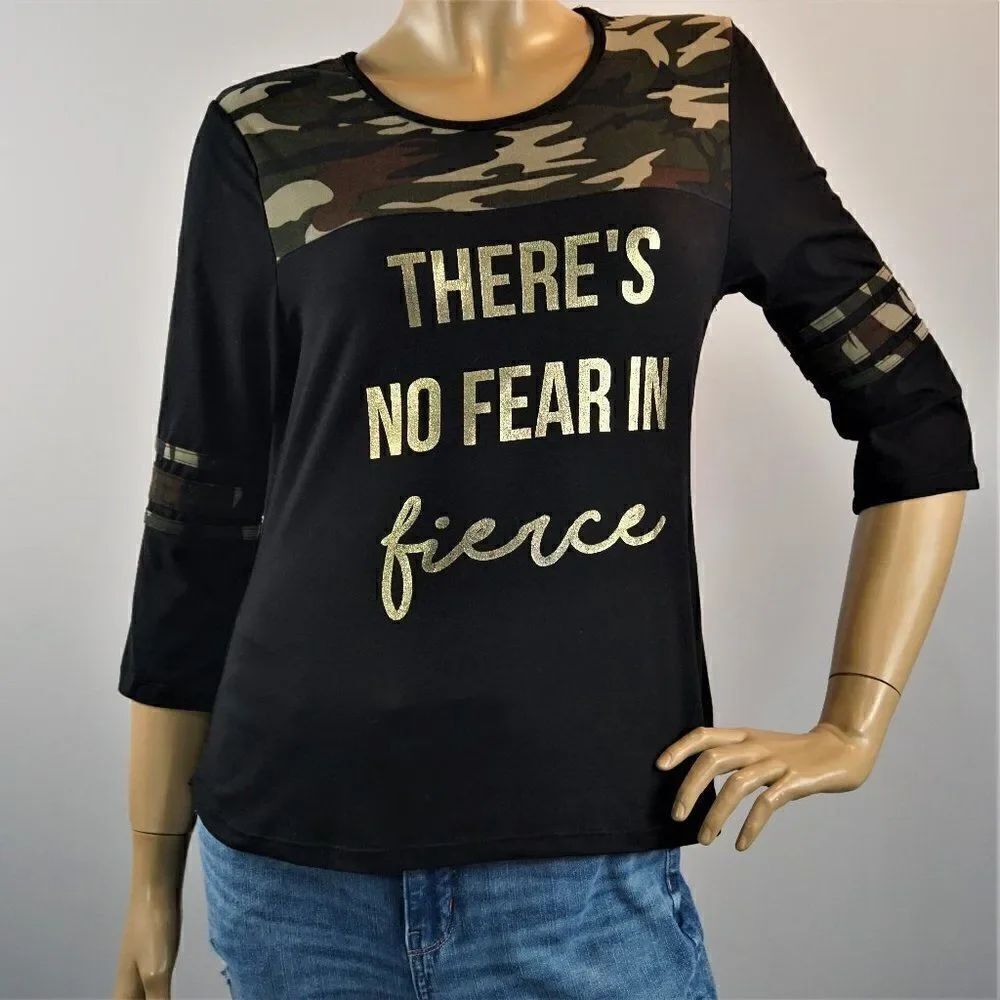 There's No Fear In Fierce Motivation Shirt Camouflage Black Gold Lettering Sz M